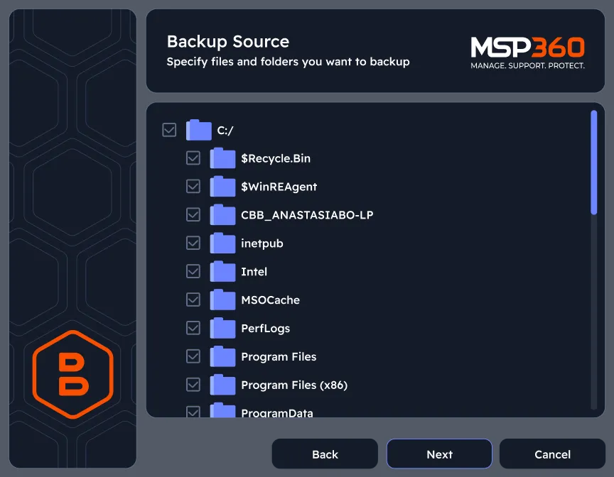 Choose files and folders to back up