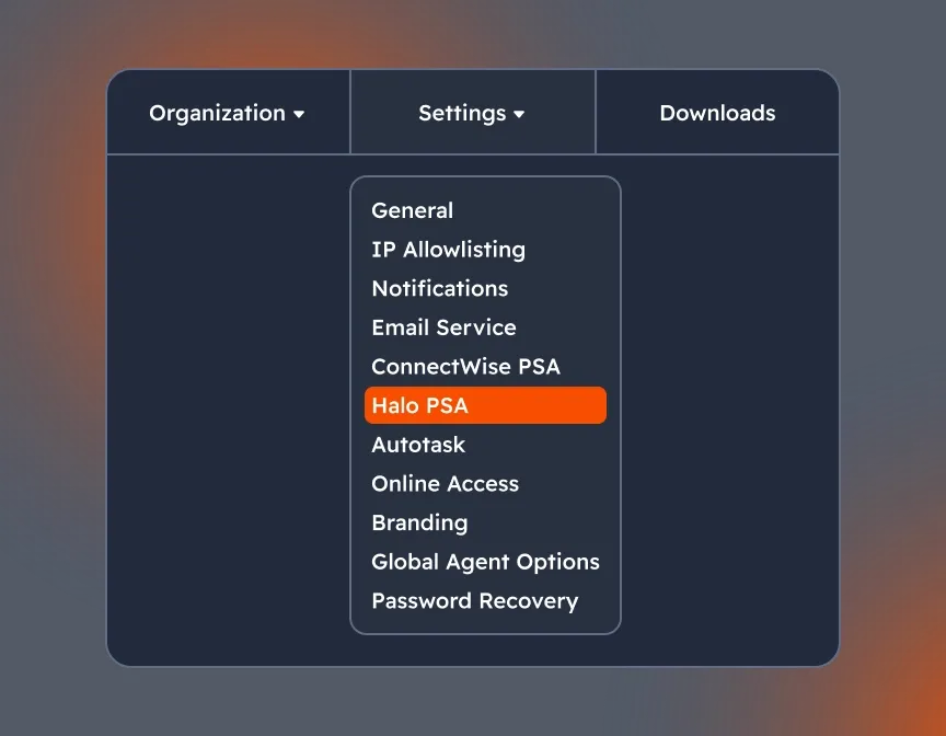 Easy to set up integration from MSP360 side with the menu tab HaloPSA