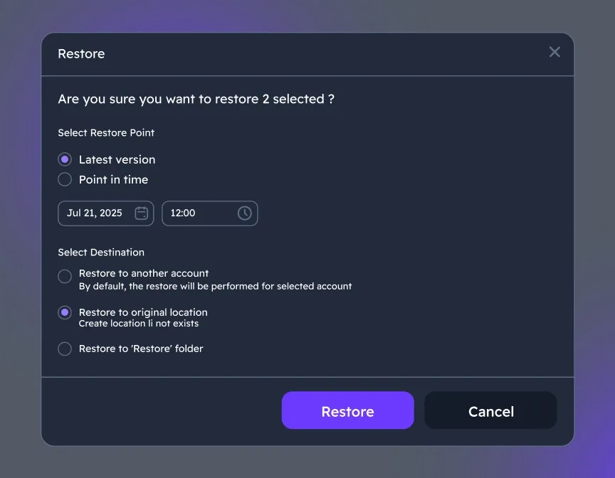 Restore files and folders versions