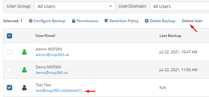 A G Suite / Office 365 User Deletion in MSP360 Managed Backup