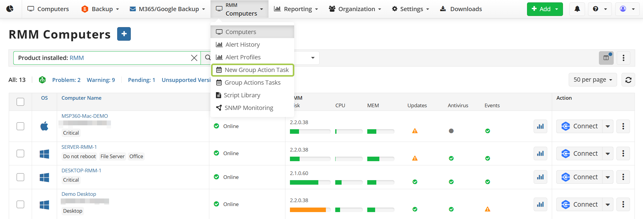 MSP360 RMM new group action task