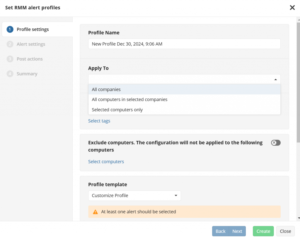 RMM alert profile - step 1