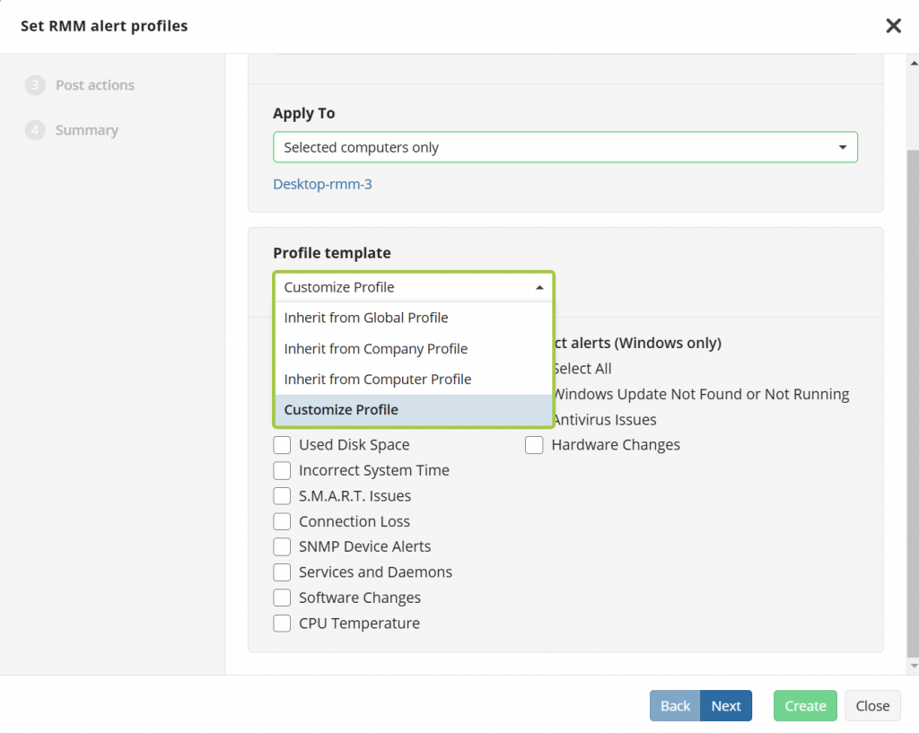 RMM alert profile - step 1 - alerts