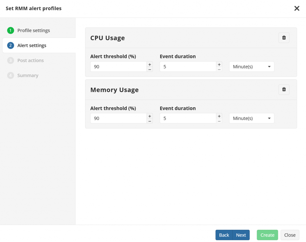 RMM alert profile - step 2 - alert settings