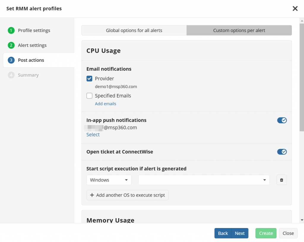 RMM alert profile - step 3 - options
