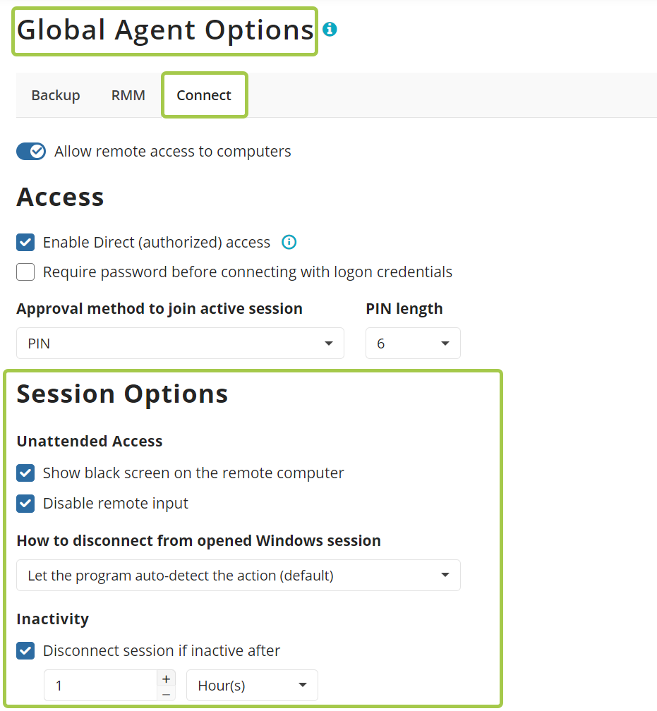 Centralized Configuration of Session Options