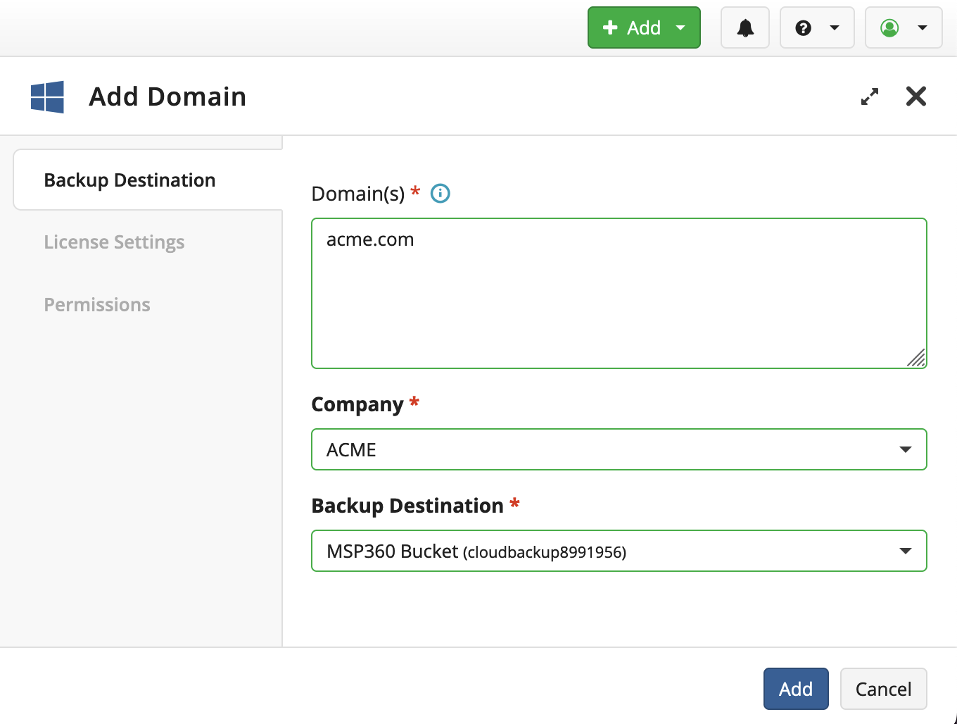 Backup destination screen showing text fields Domain, Company, and Backup Destination.