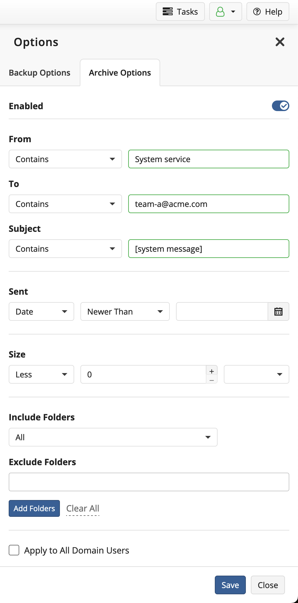 Email archivation settings.