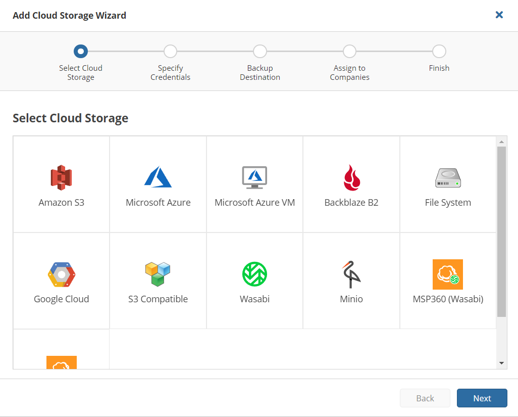 Cloud storage selection screen showing a choice of multiple cloud storage providers, including Amazon S3, Microsoft Azure, Backblaze B2, Google Cloud, and Wasabi.