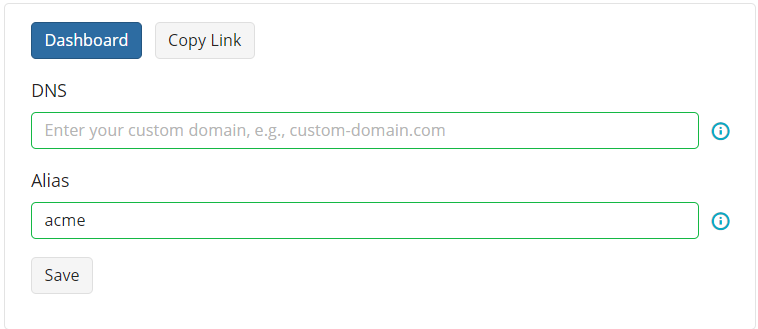 Domain alias setup screen showing the link to a new dashboard, the 