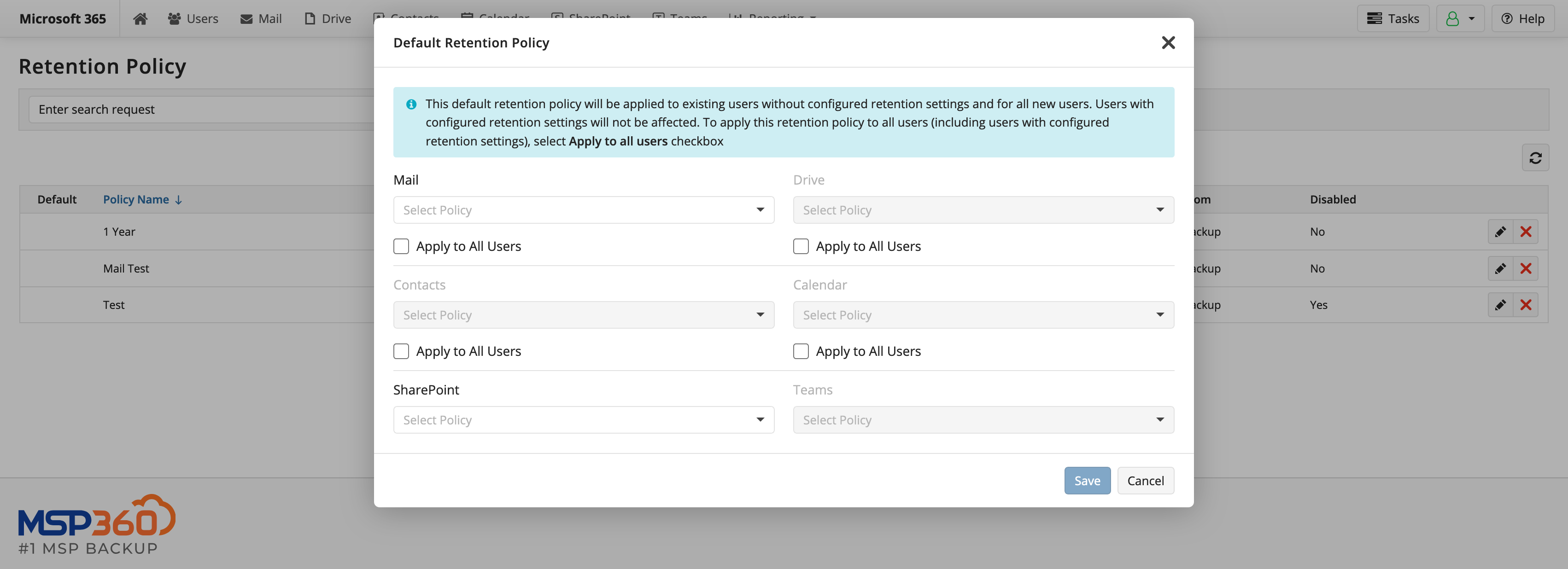 Select the default retention policies